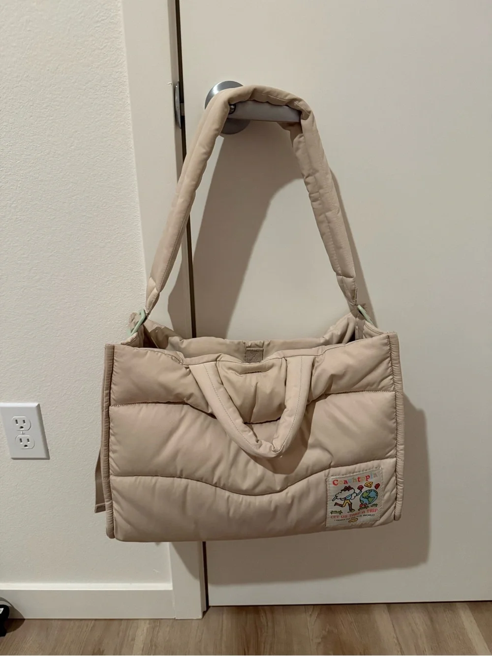 Padded Cream Quilted Tote Bag with Playful Patch